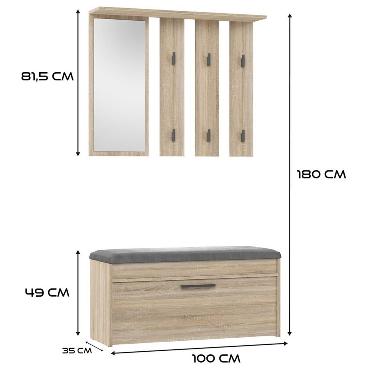 FLURMÖBEL-SET Parmani Sonoma Eiche - Beige/Schwarz, Holzwerkstoff/Metall (100/180/35cm) - Selsey