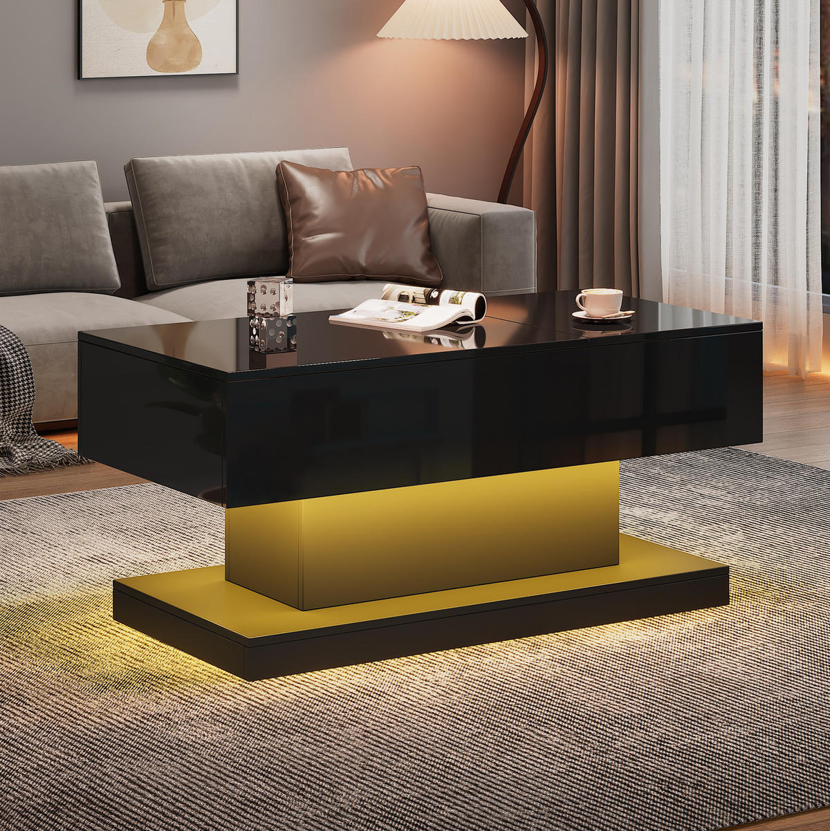 COUCHTISCH mit Liftfunktion 100x50x45 cm Hochglanz Schwarz mit LED - Schwarz, Holzwerkstoff (100/50/45cm) - Meubliv