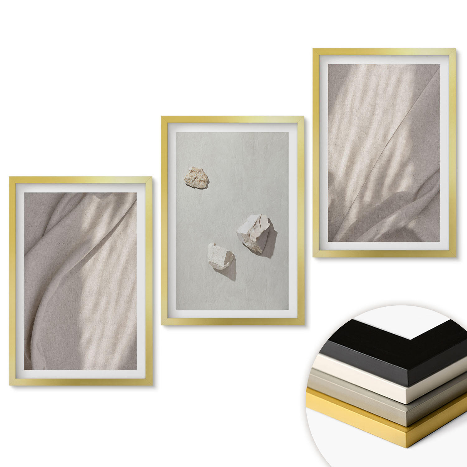 WANDBILDER 3er Set - 40x60 cm Goldrahmen - Nahaufnahmen der Struktur im Boho-Stil - Goldfarben, Kunststoff (40/60cm) - ArtPrintCave