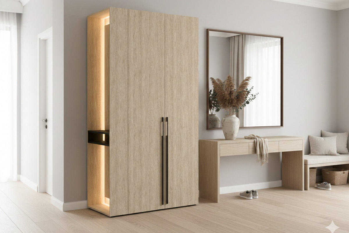 GARDEROBENSCHRANK BERTA 110 cm in Eiche Barista mit Kleiderstange, Spiegel und LED - Eichefarben, Holzwerkstoff (111/207/60cm) - Deine Möbel 24