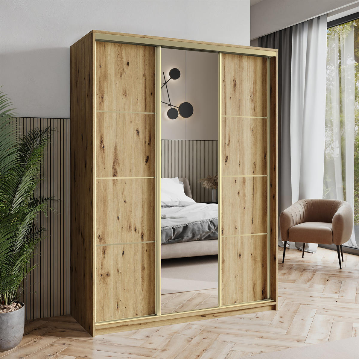SCHWEBETÜRENSCHRANK VARO 150/205/60 cm 3-türig mit Spiegel Eiche Artisan - Eiche Artisan, Holzwerkstoff (150/205/60cm) - MASSENO