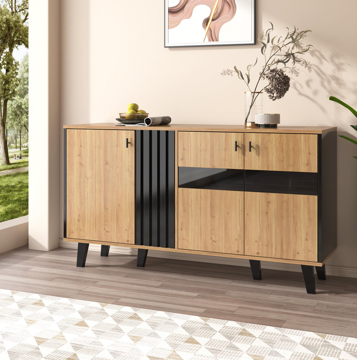 SIDEBOARD 140/41/78,5 cm in Natur/Schwarz mit 3 Türen und LED-Beleuchtung - Naturfarben, Holzwerkstoff (140/78/41cm) - Flora Grace