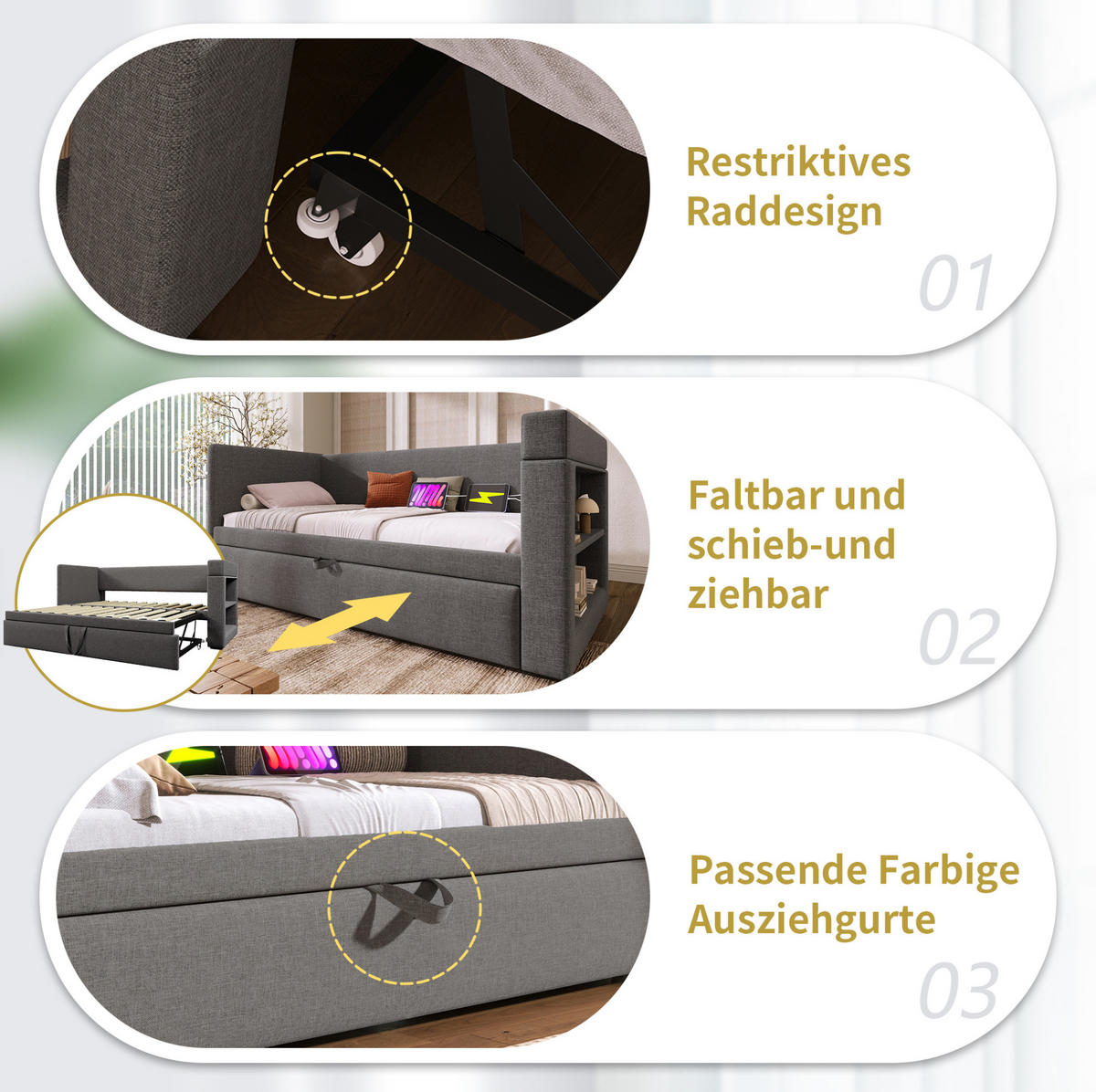 ČALOUNĚNÁ postel z bavlny a lnu 90x200 cm šedá s výsuvným lůžkem, USB, Type-C a držáky na nápoje - šedá, textil (90/200cm) - Modfu