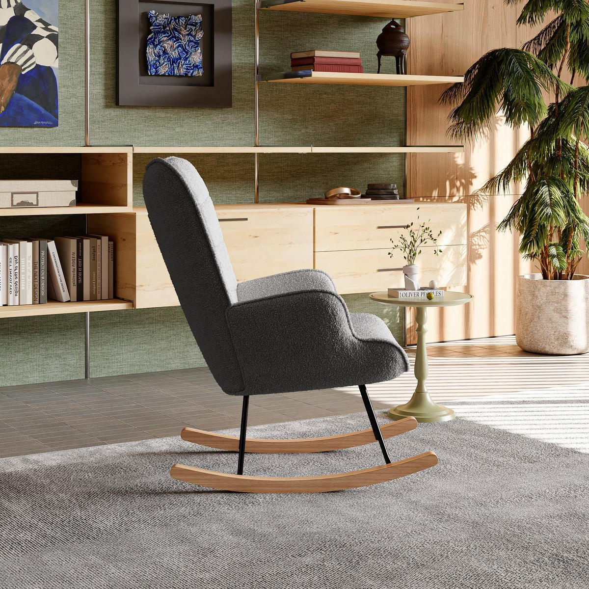 SCHAUKELSTUHL Teddy Comfort mit quadratisch gesteppter Rückenlehne, Teddy-Fleece Dunkelgrau - Dunkelgrau, Textil (68/92/75cm) - DELFA