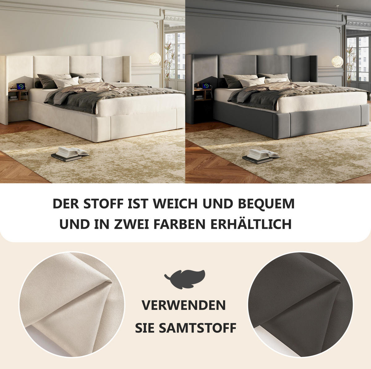 TAPECIRANI krevet 160/200 cm bež od baršuna s hidrauličnim spremištem i 2 noćna ormarića - bež, tekstil (160/200cm) - OKWISH