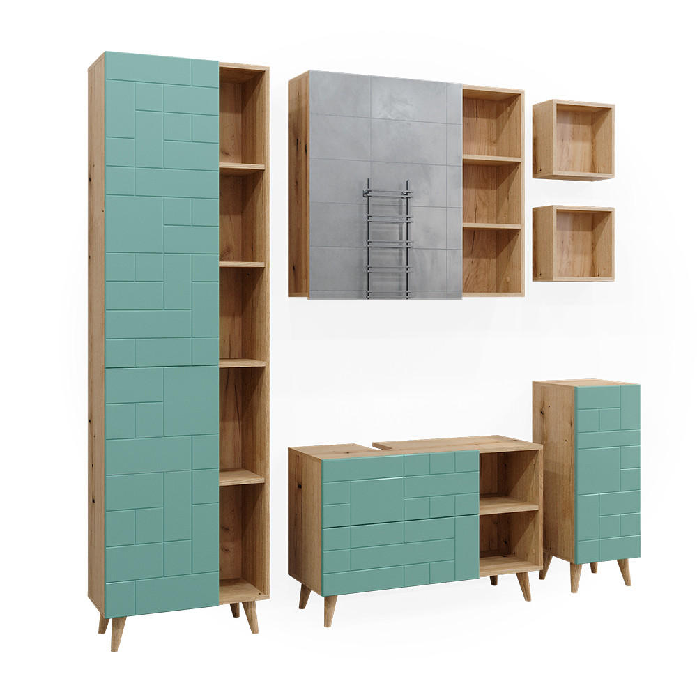 BADMÖBEL-SET Rudi Mintgrün 6 Teile, mit Hochschrank - Eichefarben/Mintgrün, Holzwerkstoff (90/59/32cm) - Vicco