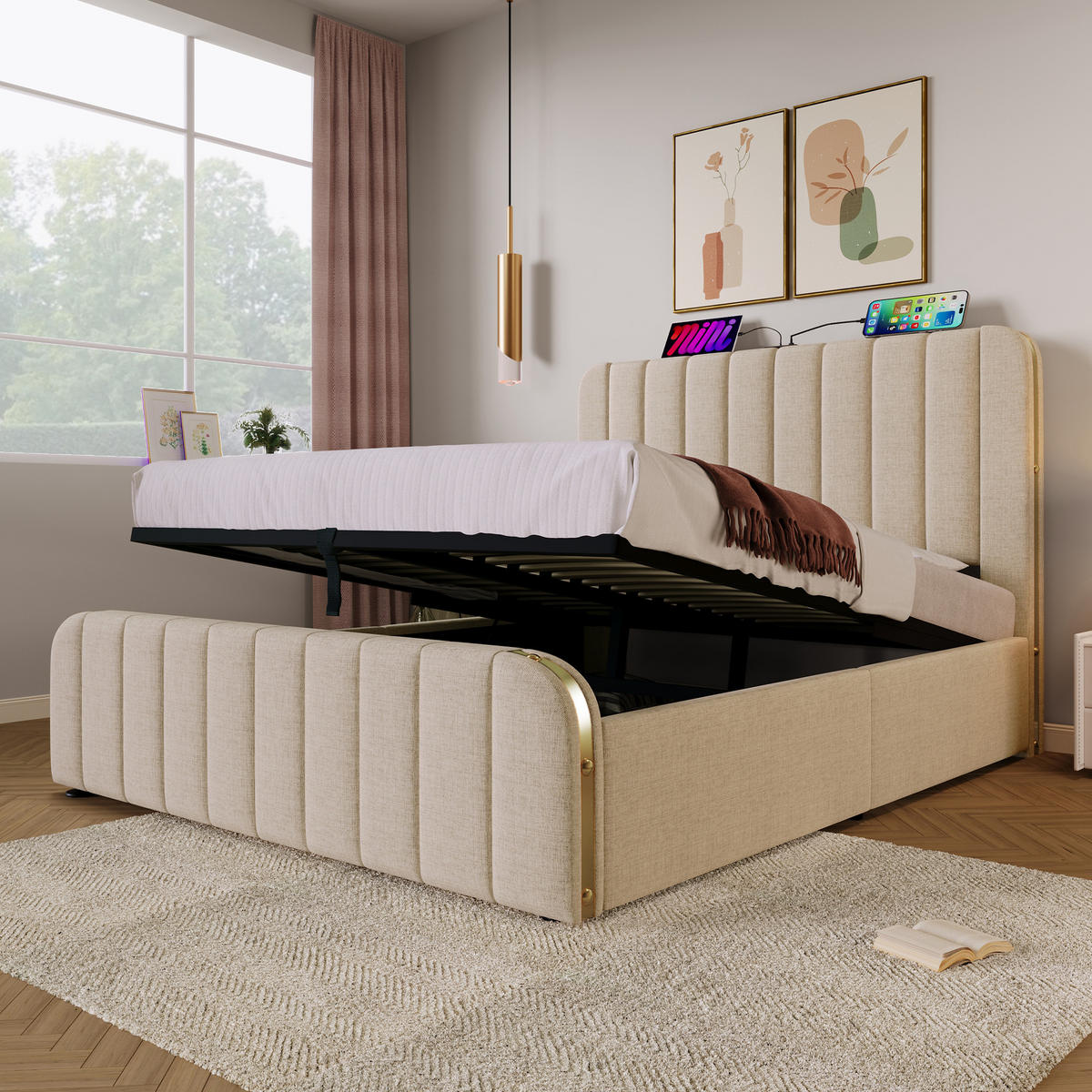 POLSTERBETT 140×200 cm aus Leinen-Stoff mit USB-Anschluss und Typ-C-Anschluss, beige - Beige, Textil (140/200cm) - Luhomfu