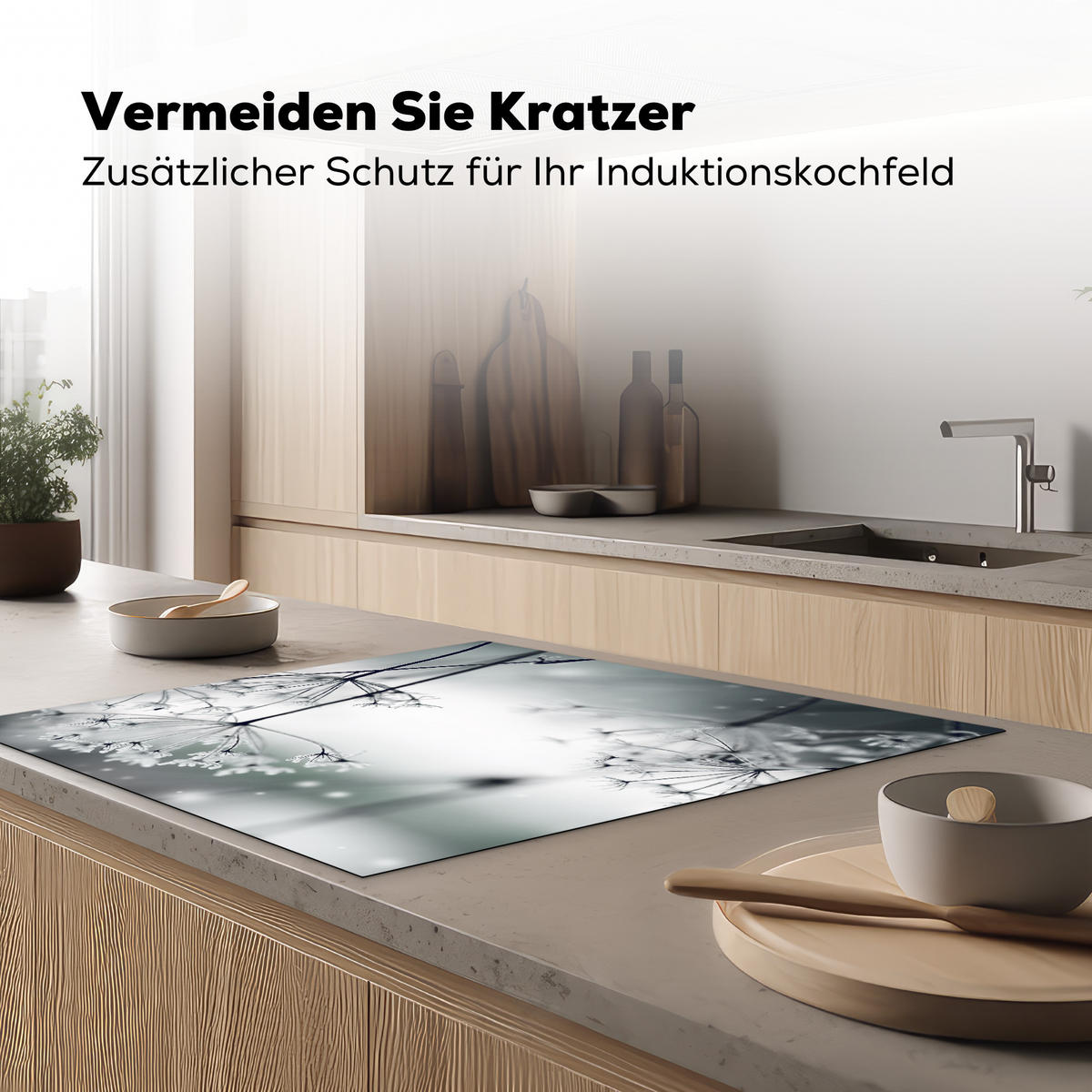 HERDABDECKPLATTE Blumen - Winter - Schnee - Natur Induktionsmatte 78x78 cm - Grau, Kunststoff (78/78/0.2cm) - MuchoWow