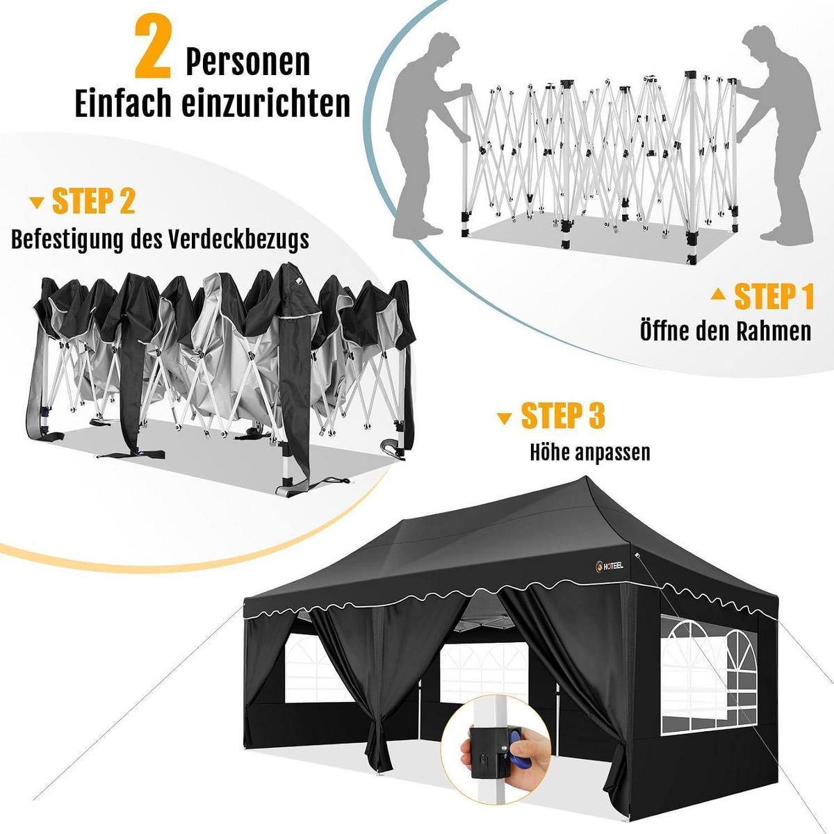 FALTPAVILLON 3x6m Schwarz mit 6 Seitenwänden und UV-Schutz 50+ - Schwarz, Textil (299/320/599cm)