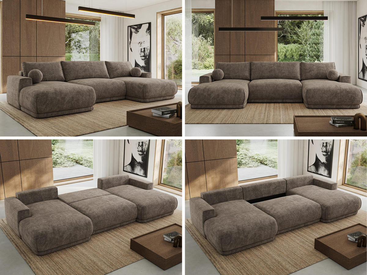 SEDACIA SÚPRAVA RINA U Hnedá Hrubo tkaná ženilka - hnedá/čierna, textil/plast (360/85/170cm) - MKS