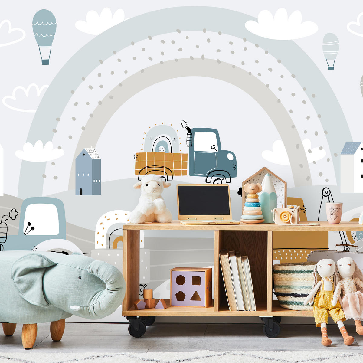 FOTOTAPETE für Kinderzimmer Baumaschinen Regenbogen Hügel Wolken 350x256 - Blau/Beige, Papier (350/256cm) - Muralo