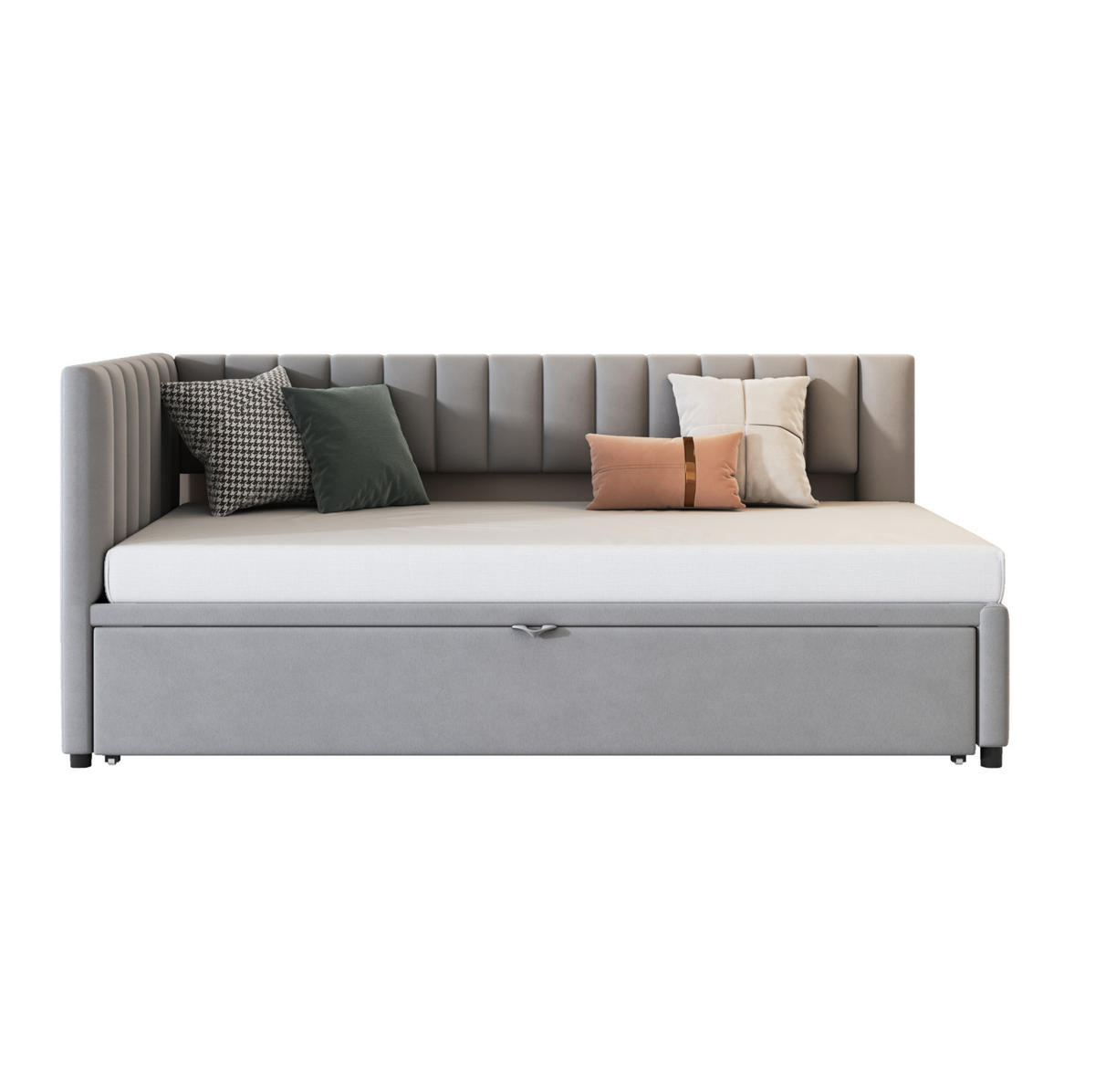 KAUČ na razvlačenje 90/200 cm sivi od baršuna s pomoćnim ležajem i L-oblikom - siva, tekstil (90/180cm) - OKWISH