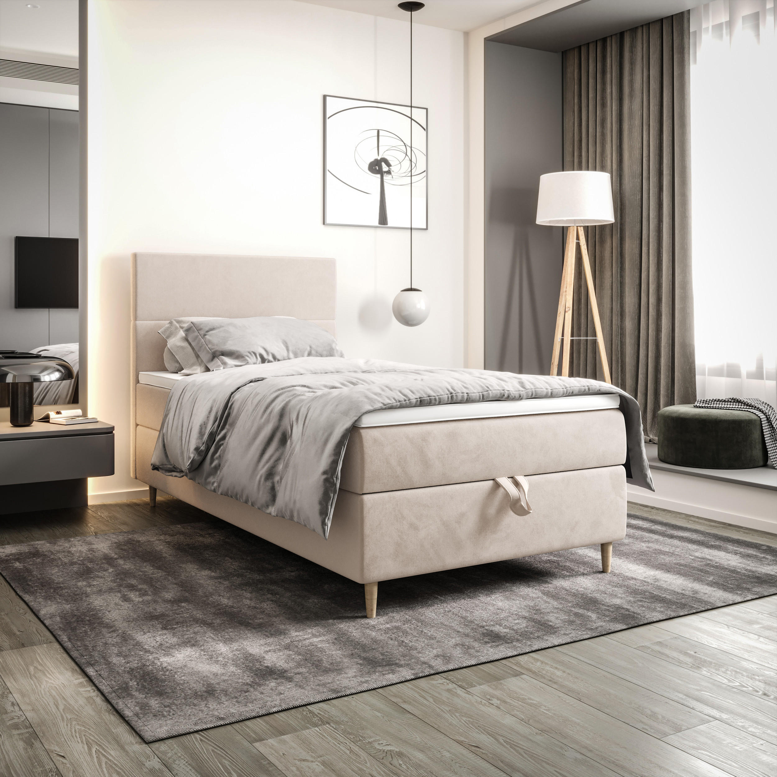 BOXBETT FLO 100x200 Itaka 16, mit Matratze H3, Bonell und Topper, Creme - Creme, Holz/Textil (100/200cm) - Bedante
