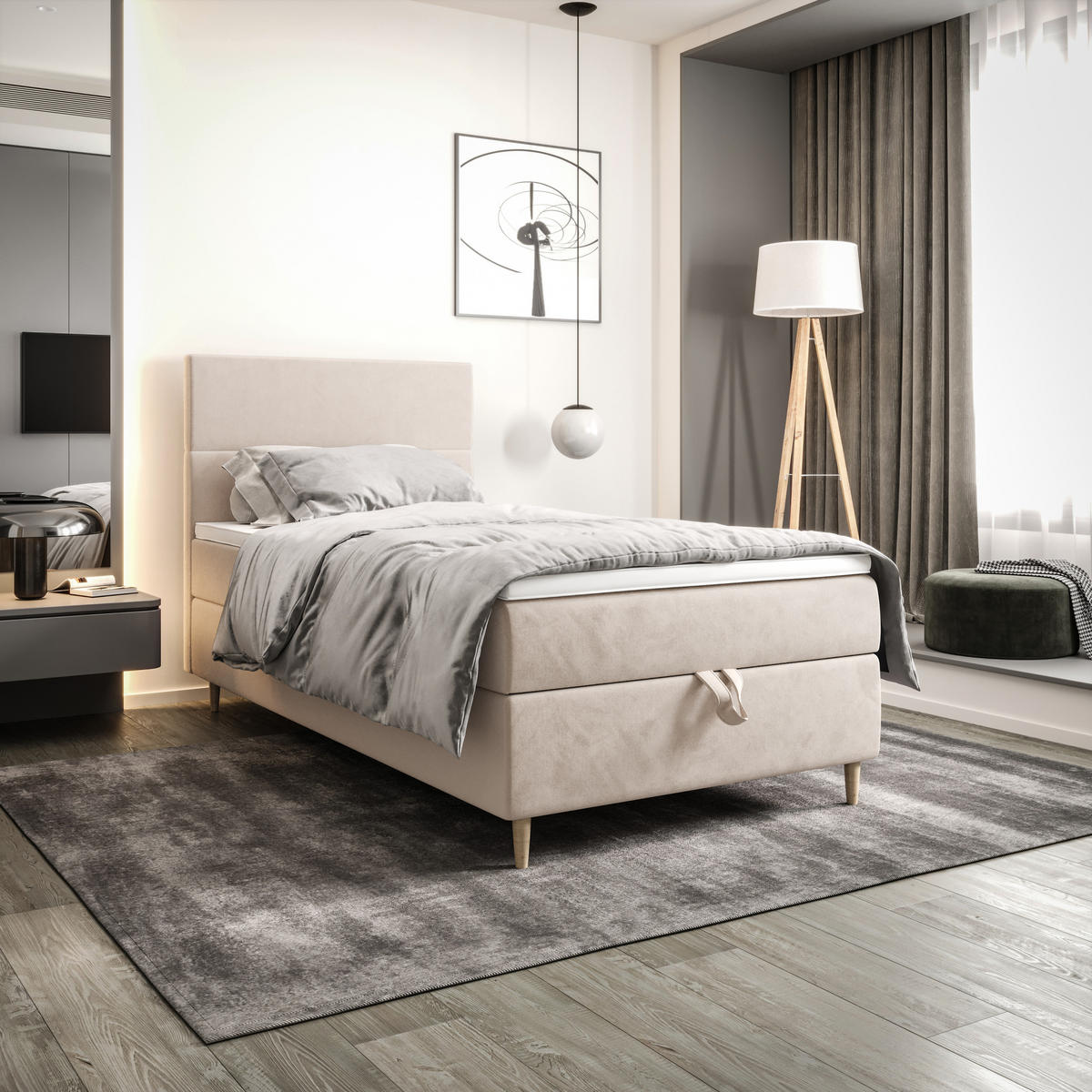 BOXBETT FLO 120x200 Itaka 16, mit Matratze H3, Bonell und Topper, Creme - Creme, Holz/Textil (120/200cm) - Bedante