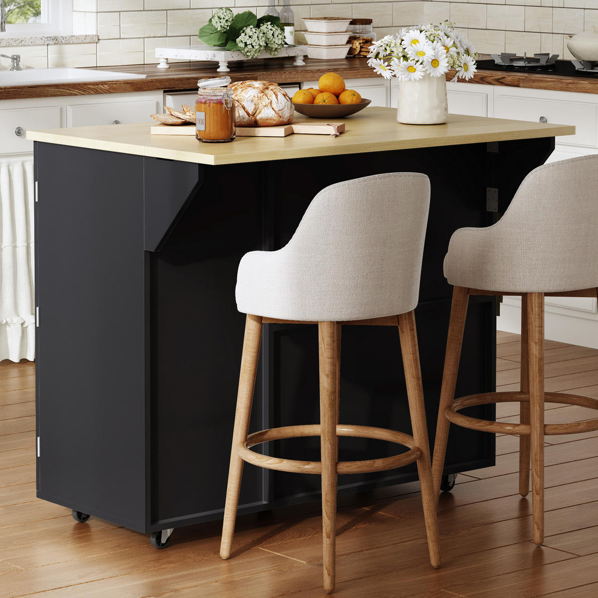 KÜCHENINSEL 89 cm MDF Natur Schwarz mit Klappbarer Arbeitsplatte und Weinregal - Schwarz, Holzwerkstoff (69/89/104cm) - Korfee