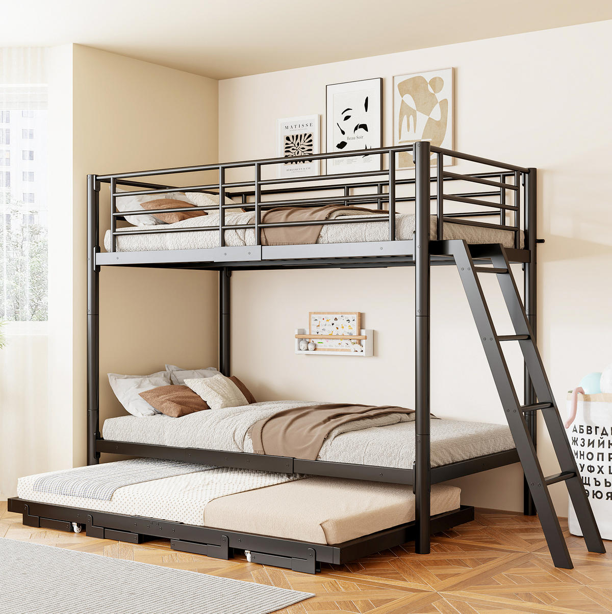 ETAGENBETT aus Metall 90x200 cm Schwarz mit ausziehbarem Unterbett - Schwarz, Metall (90/200cm) - Modfu