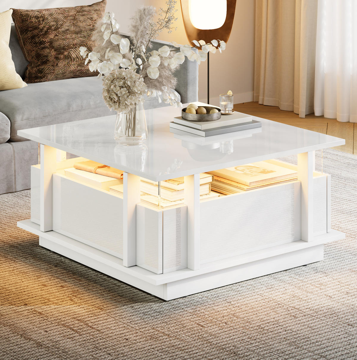 COUCHTISCH aus Spanplatte 70x70x35 cm in Weiß mit LED & 2 Schubladen - Weiß, Holzwerkstoff (70/70/35cm) - Modfu