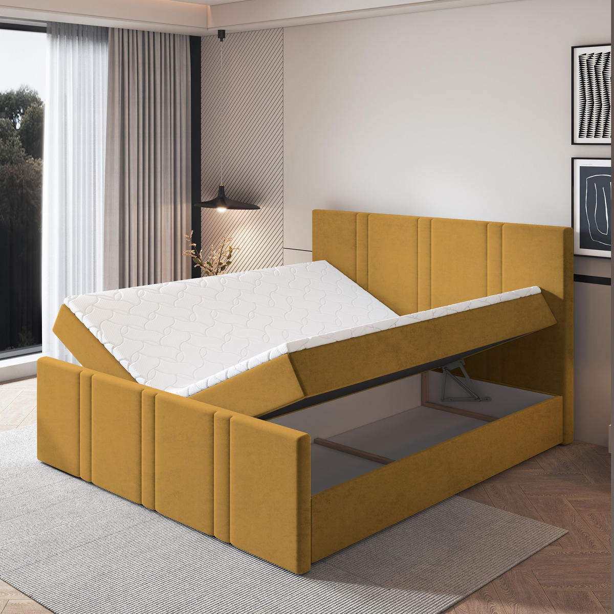 BOXBETT COMOZA 200x200 cm mit Matratze und Topper, H2+H3 - Gelb - Gelb, Holz (200/200cm) - MASSENO