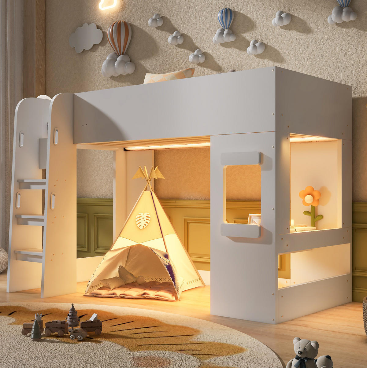 HOCHBETT aus MDF und Sperrholz 90x200 cm Weiß mit Schreibtisch und LED-Beleuchtung - Weiß, Holzwerkstoff (90/200cm) - Modfu