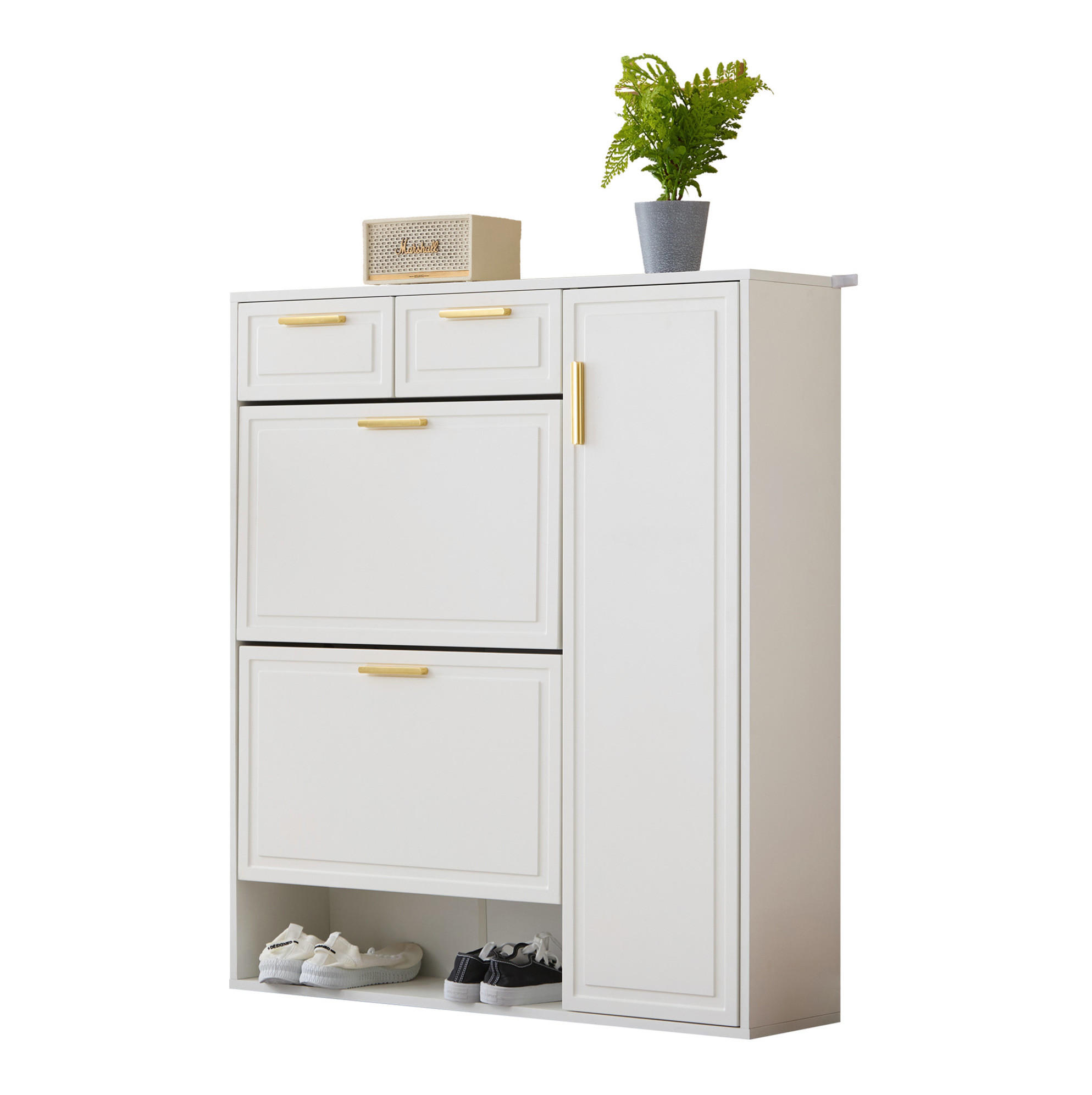 Modfu BOTNÍK z dřevotřísky a MDF 95x24x107 cm bílý se 2 zásuvkami, nastavitelnými policemi a otevřenými přihrádkami