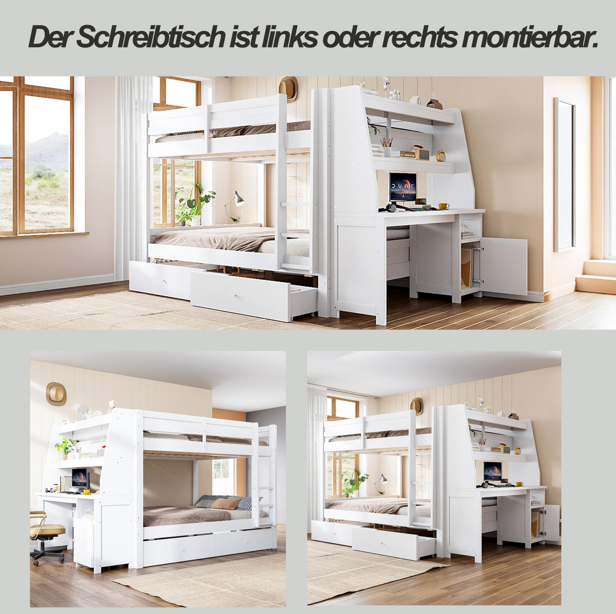 ETAGENBETT aus Kiefernholz, Metall, Sperrholz und MDF 140x200 cm Weiß mit Schreibtisch, Stauraum und Schubladen - Weiß, Holz (140/200cm) - Modfu
