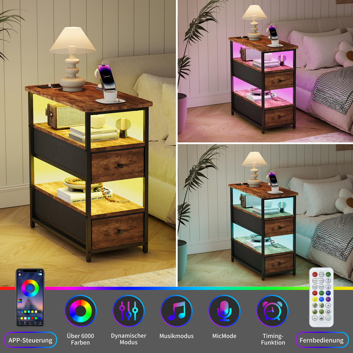 NACHTTISCH LED USB 2 Schubladen 2 Fächer Vintage braun - Braun, Holz (58/28/60.5cm) - LEBENLANG