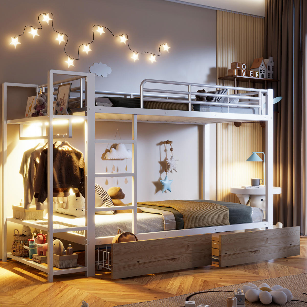 ETAGENBETT 90/200 cm in Weiß mit LED-Beleuchtung, 2 Schubladen und Ablageflächen - Weiß, Metall (90/200cm) - OKMYHOME