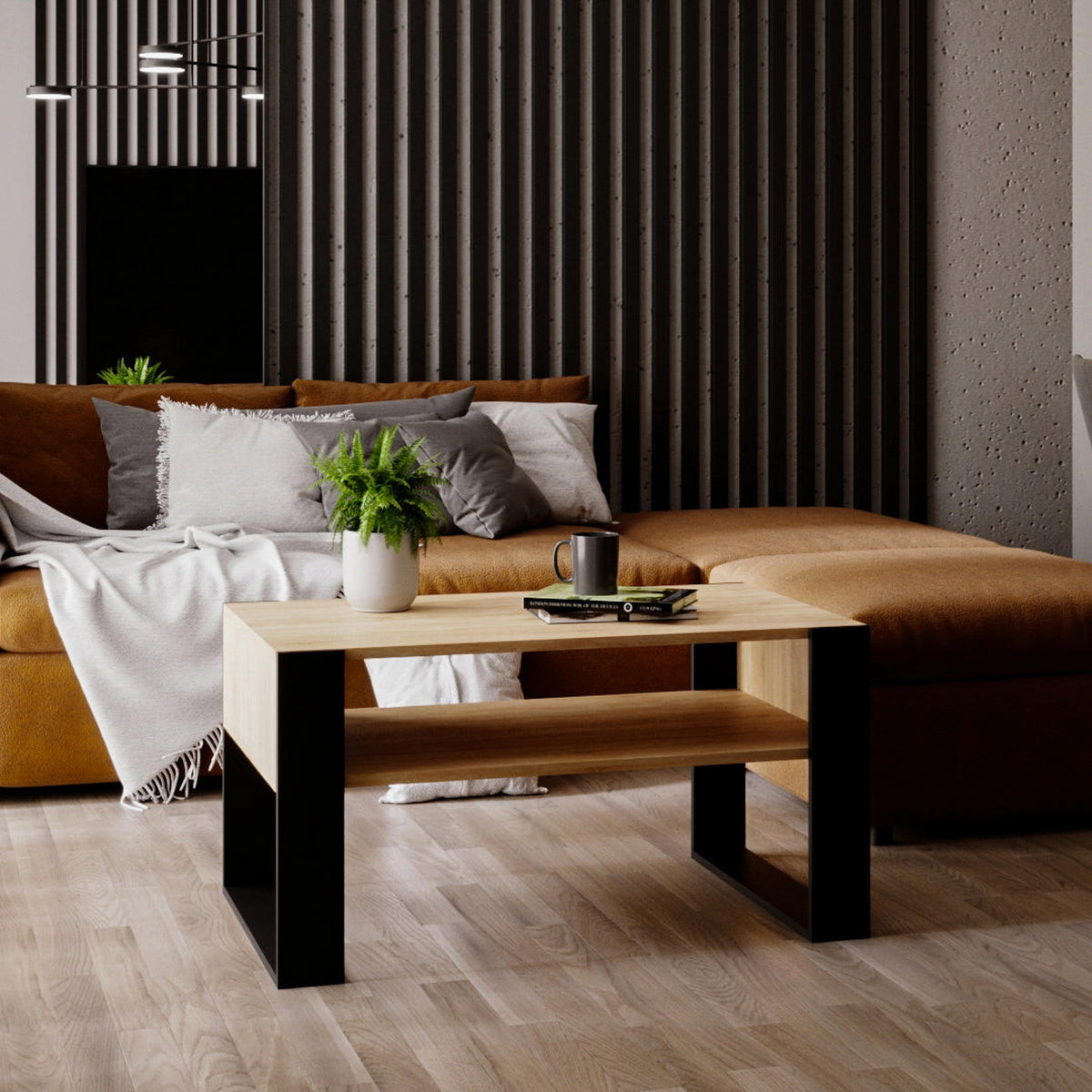 COUCHTISCH KARO 92 - Eichefarben/Schwarz, Holz (53.6/92/45cm) - Mat-Haus