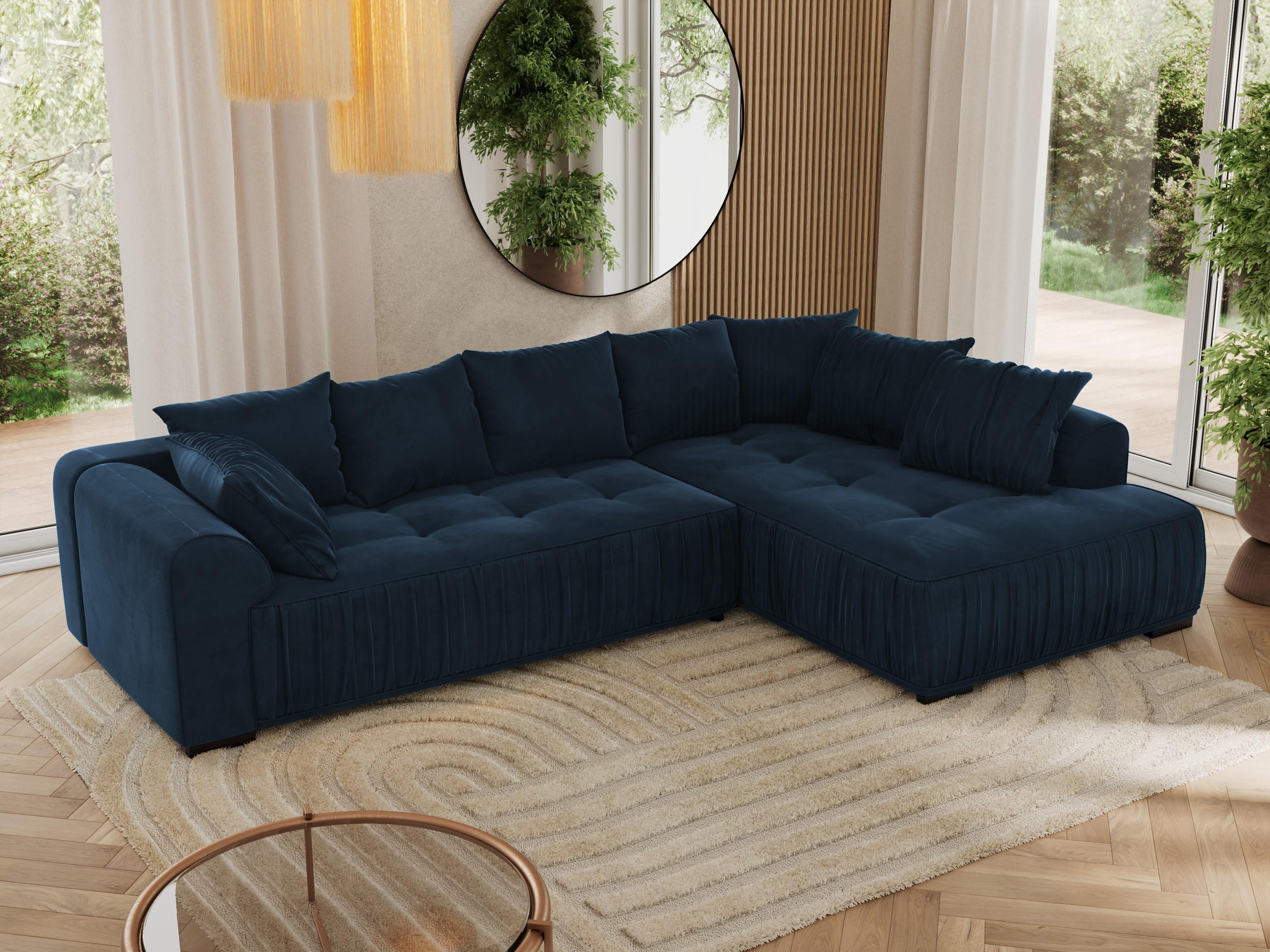 ECKSOFA ORTA Dunkelblau Velvet - Rechts - Blau/Schwarz, Textil (200/325cm) - MKS