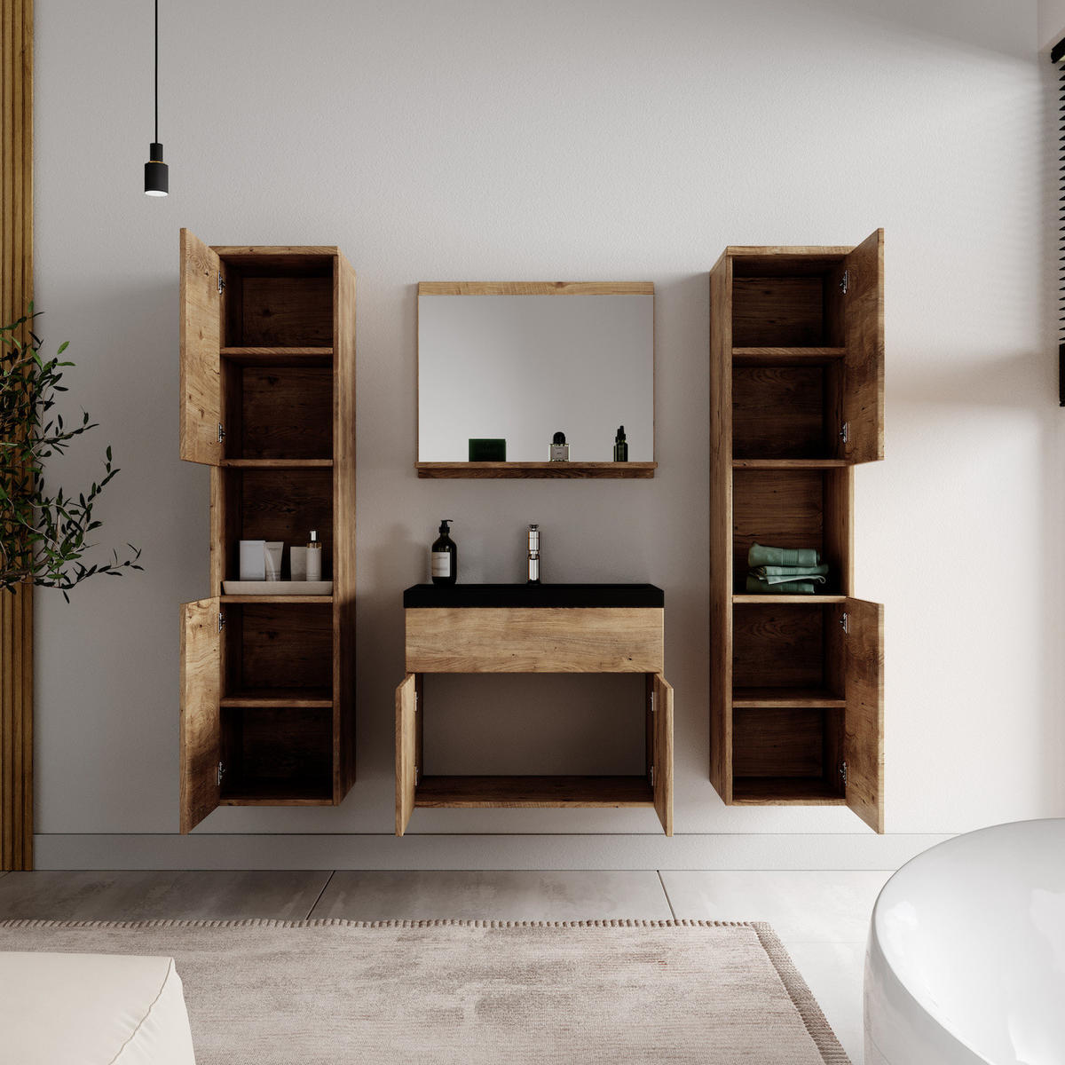 BADMÖBEL-SET Montreal 5 Teile Kastanien Eiche - 60 x 35 x 51 cm - Eichefarben/Schwarz, Holz (60/51/35cm) - Badplaats