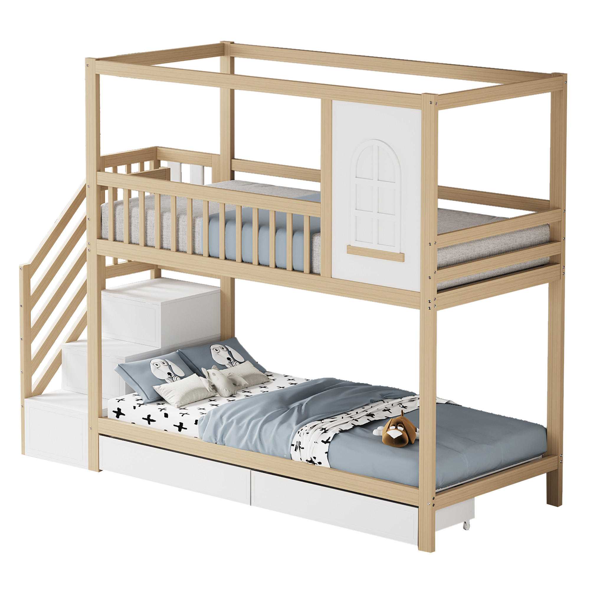 STILVORA PALANDA 90/200 cm, přírodní, se zásuvkami a žebříkem, masivní dřevo, domečkový design