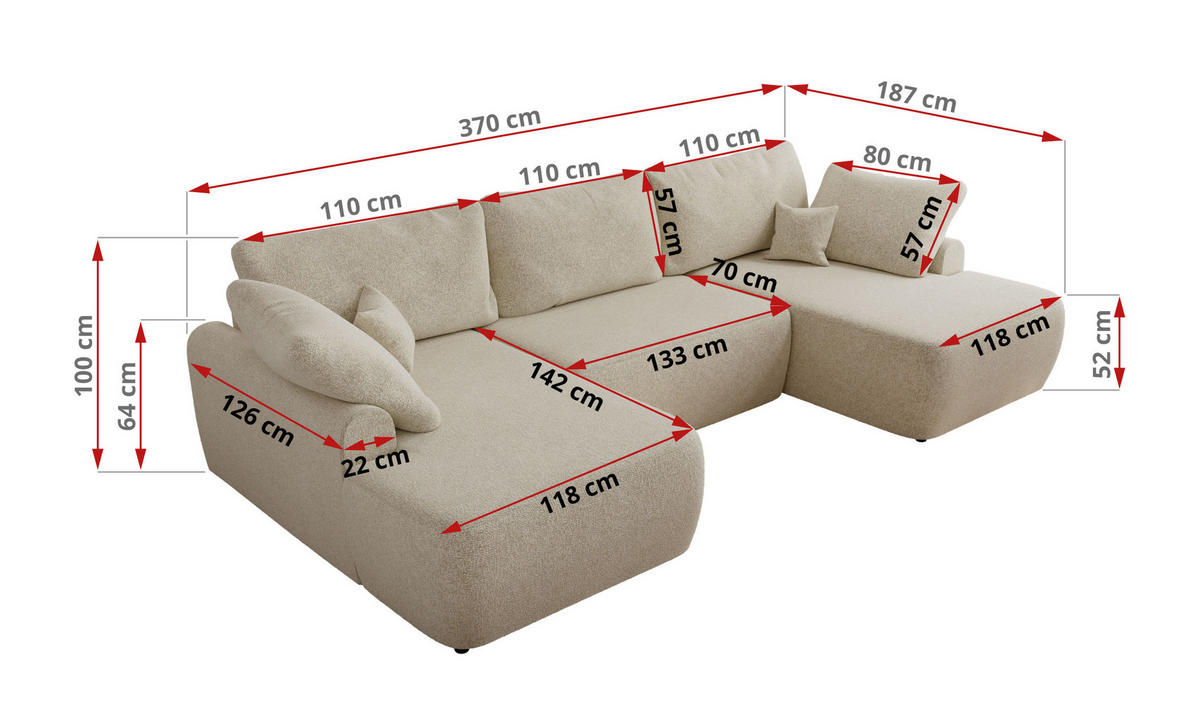 WOHNLANDSCHAFT CUBO U Creme Struktur - Creme/Schwarz, Kunststoff/Textil (370/100/187cm) - MKS