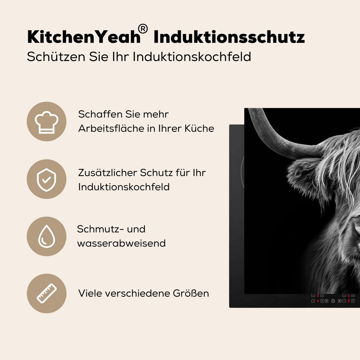 HERDABDECKPLATTE Schottischer Highlander - Hörner - Schwarz - Weiß - Kuh - Wild - Tiere Induktionsmatte 71x52 cm - Schwarz, Kunststoff (71/52/0.2cm) - MuchoWow