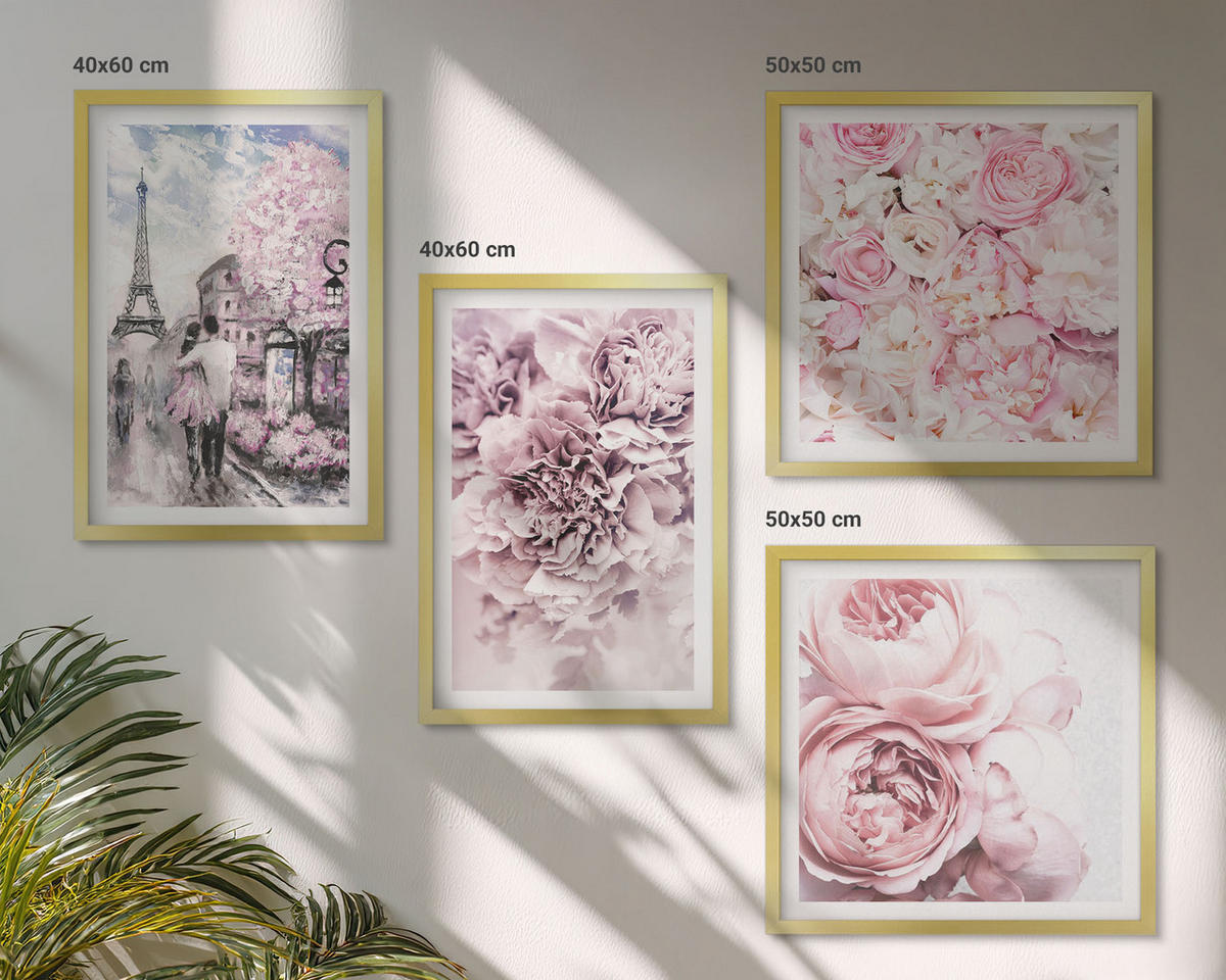 WANDBILDER 4er Set - 50x50 cm & 40x60 cm Goldrahmen - Rosa Blumen, romantische Landschaft - Goldfarben, Kunststoff (50/50cm) - ArtPrintCave