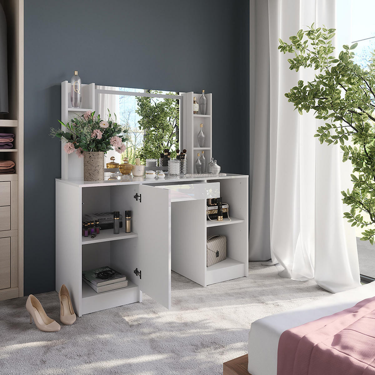 SCHMINKTISCH Sherry Weiß/Weiß Hochglanz 128.2 cm 4 Teile - Weiß Hochglanz, Holzwerkstoff (128.2/76/50.1cm) - Vicco