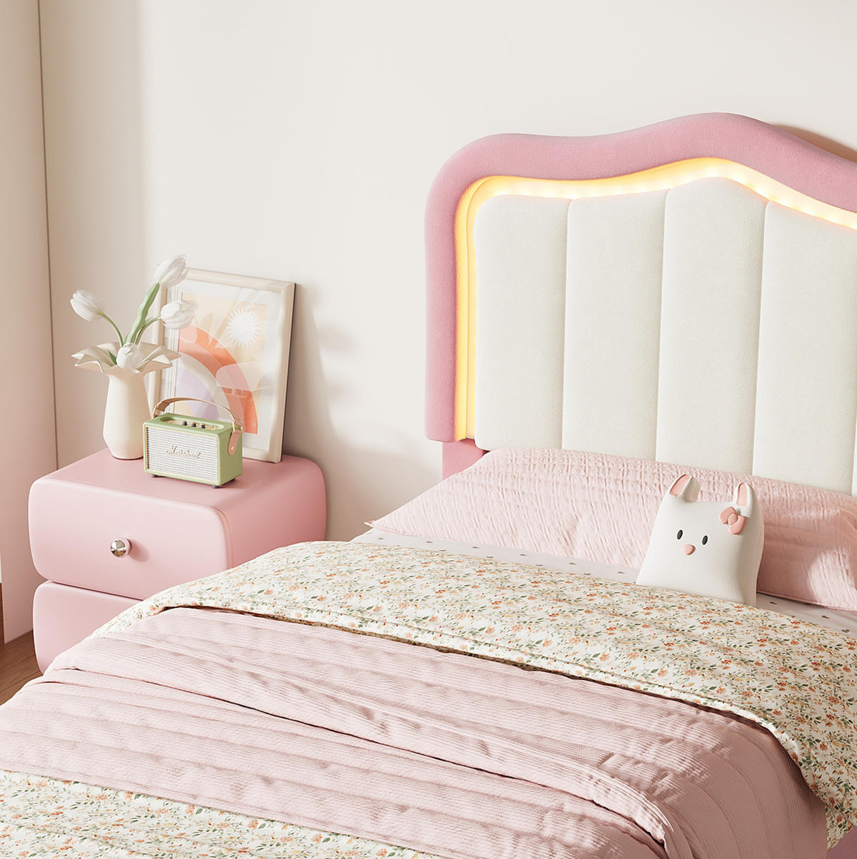 KINDER-POLSTERBETT aus Samt 90x200 cm Rosa mit Schublade und app-gesteuerter LED-Beleuchtung - Pink, Textil (90/200cm) - Modfu