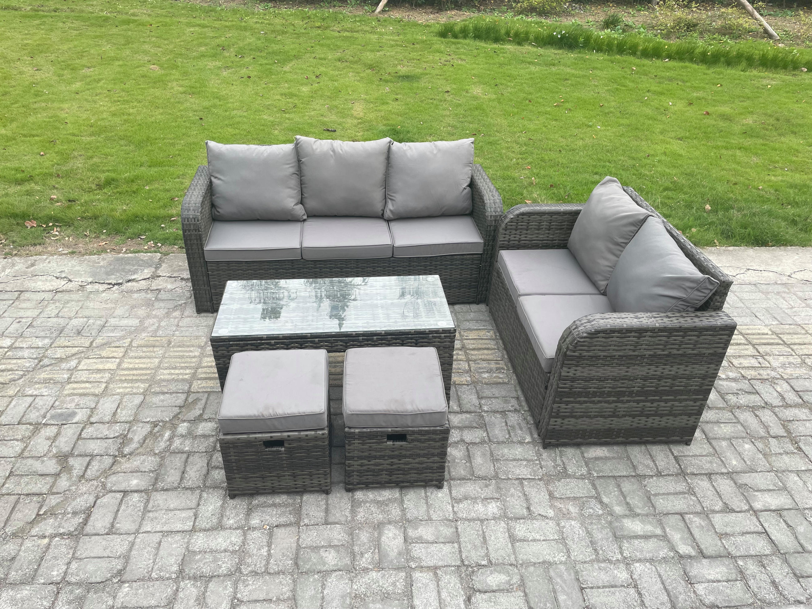 GARTENSOFA SET mit COUCHTISCH Polyrattan 7-Sitzer - Dunkelgrau/Grau, Glas/Kunststoff - Fimous