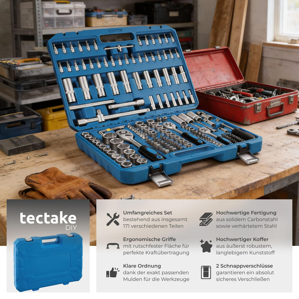 STECKSCHLÜSSELSATZ, übersichtliche Anordnung im Kunststoffkoffer, blau - Blau, Metall (46.5/33.5/9cm) - tectake