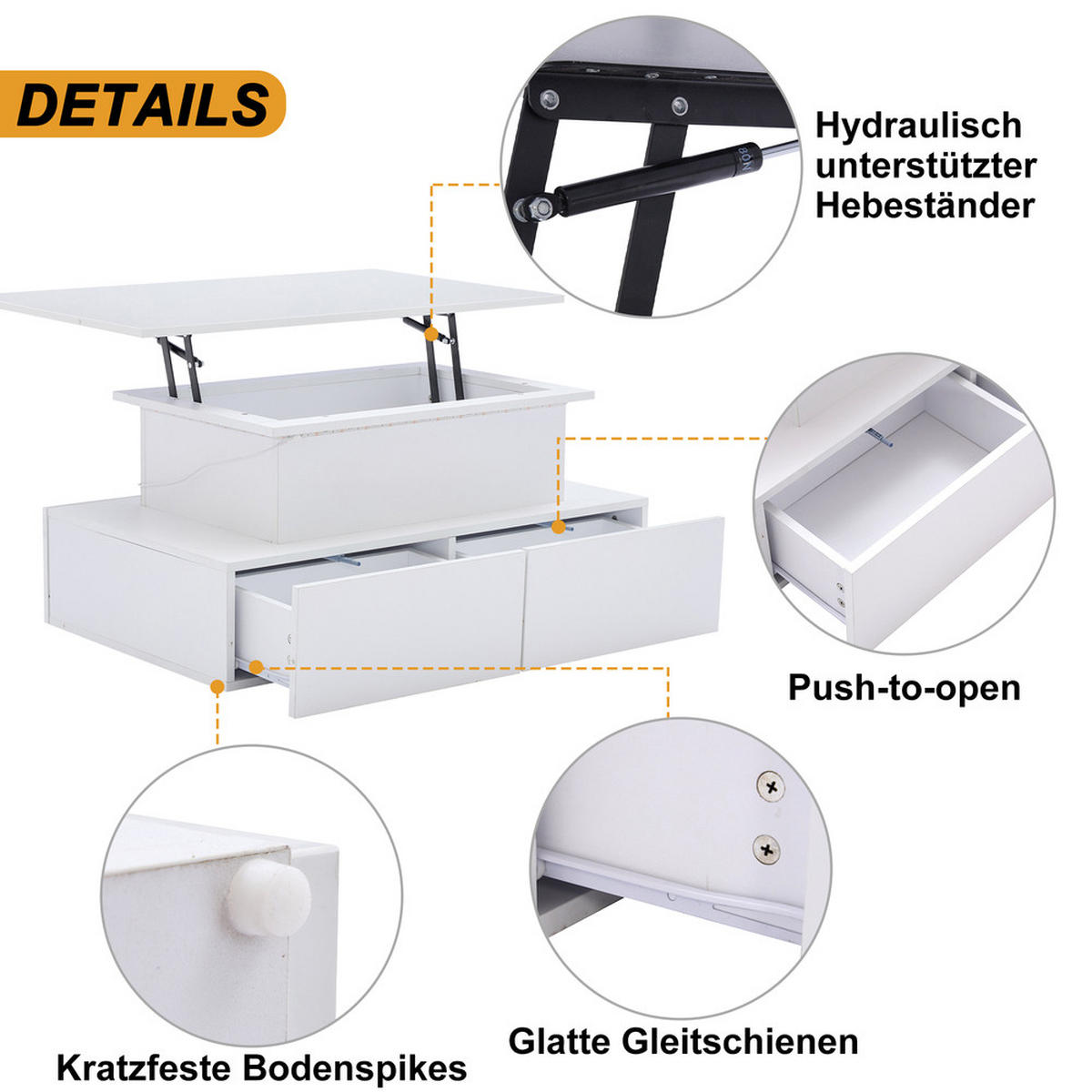 COUCHTISCH 90x55cm Weiß Hochglanz LED 4 Schubladen Stauraum 30kg - Weiß, Holz (101.6/62.23/10.8cm) - FLIEKS