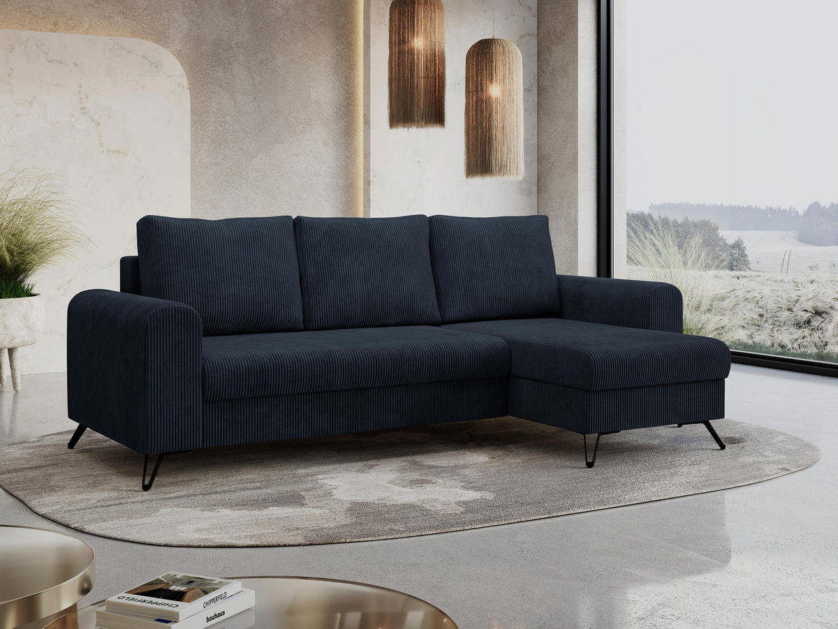 ECKSOFA Hugo Cord Dunkelblau - Schwarz/Dunkelblau, Textil/Metall (242/140cm) - MKS