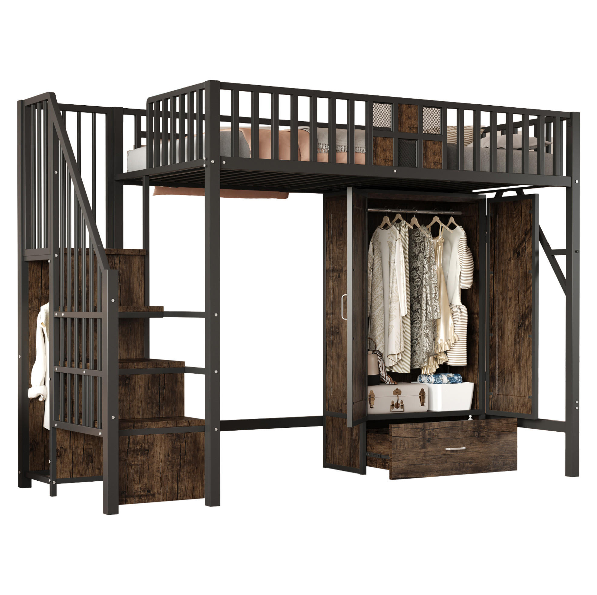 HOCHBETT 90/200 cm in Schwarz mit Stauraumleiter und Kleiderschrank - Schwarz, Metall (90/200cm) - BEAOK
