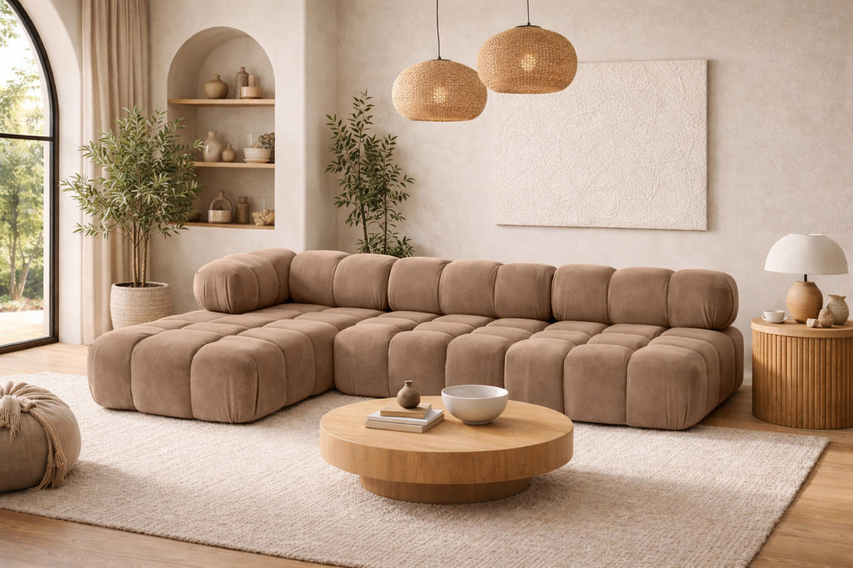 ECKSOFA L-Form Modulare, Veloursstoff Salvador, Dunkelbeige, Links, Selia - Beige, Holz (285/160cm) - Kaiser Möbel