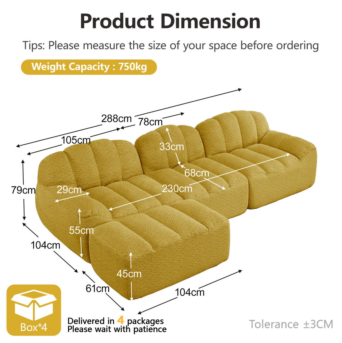ECKSOFA 288/165/79 cm gelb aus granuliertem Fleece als 3-Sitzer mit Ottoman - Gelb, Textil (165/288cm) - OKWISH