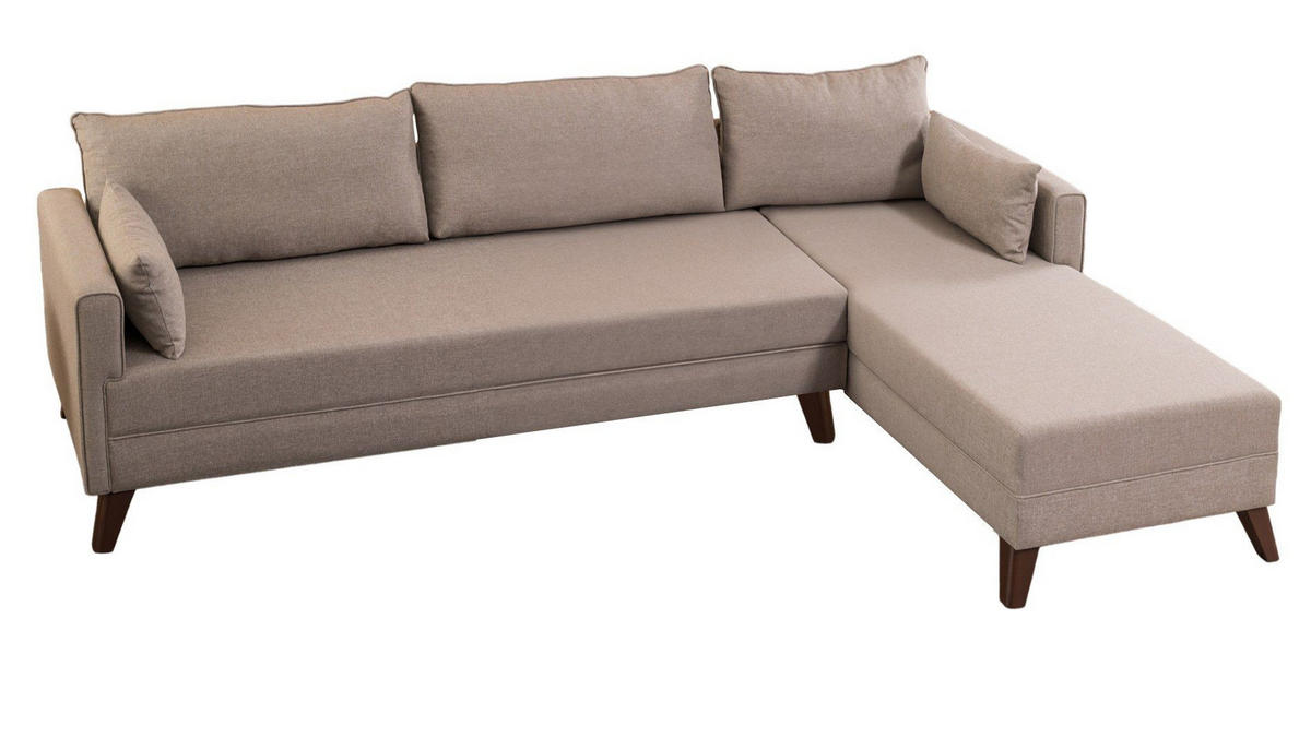 ECKSOFA mit losen Rückenkissen und Schlaffläche - Beige/Walnussfarben, Holz/Kunststoff (165/275cm) - myHomelando