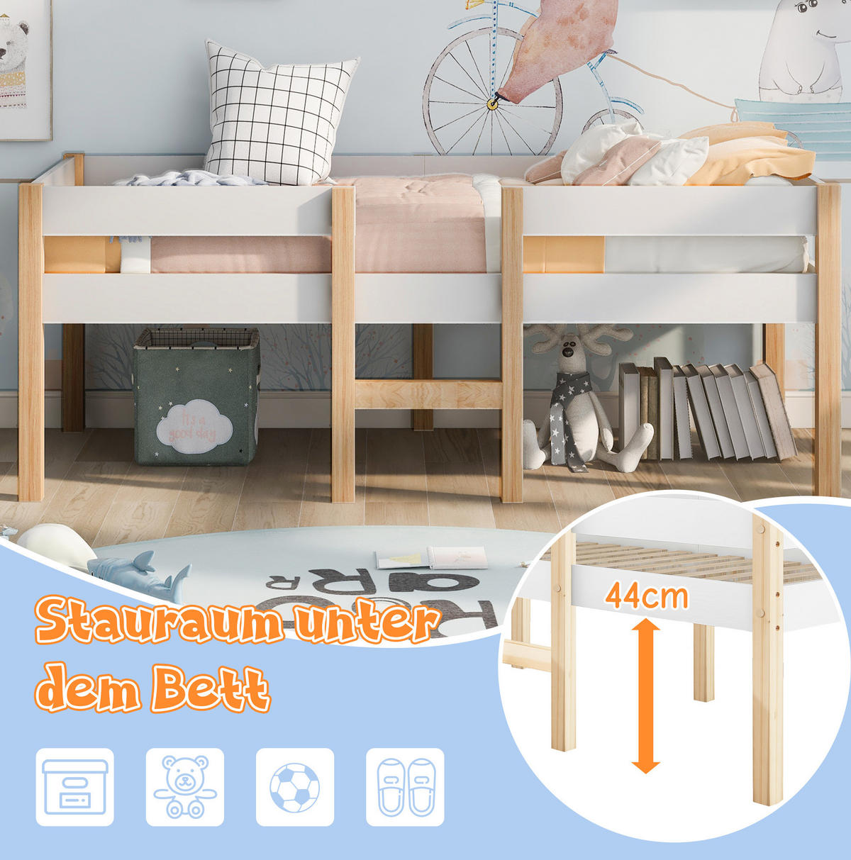 HALBHOHES Kindereinzelbetten aus Massivholz 90x190 cm in Weiß mit Rausfallschutz - Weiß, Holz (90/200cm) - Modfu