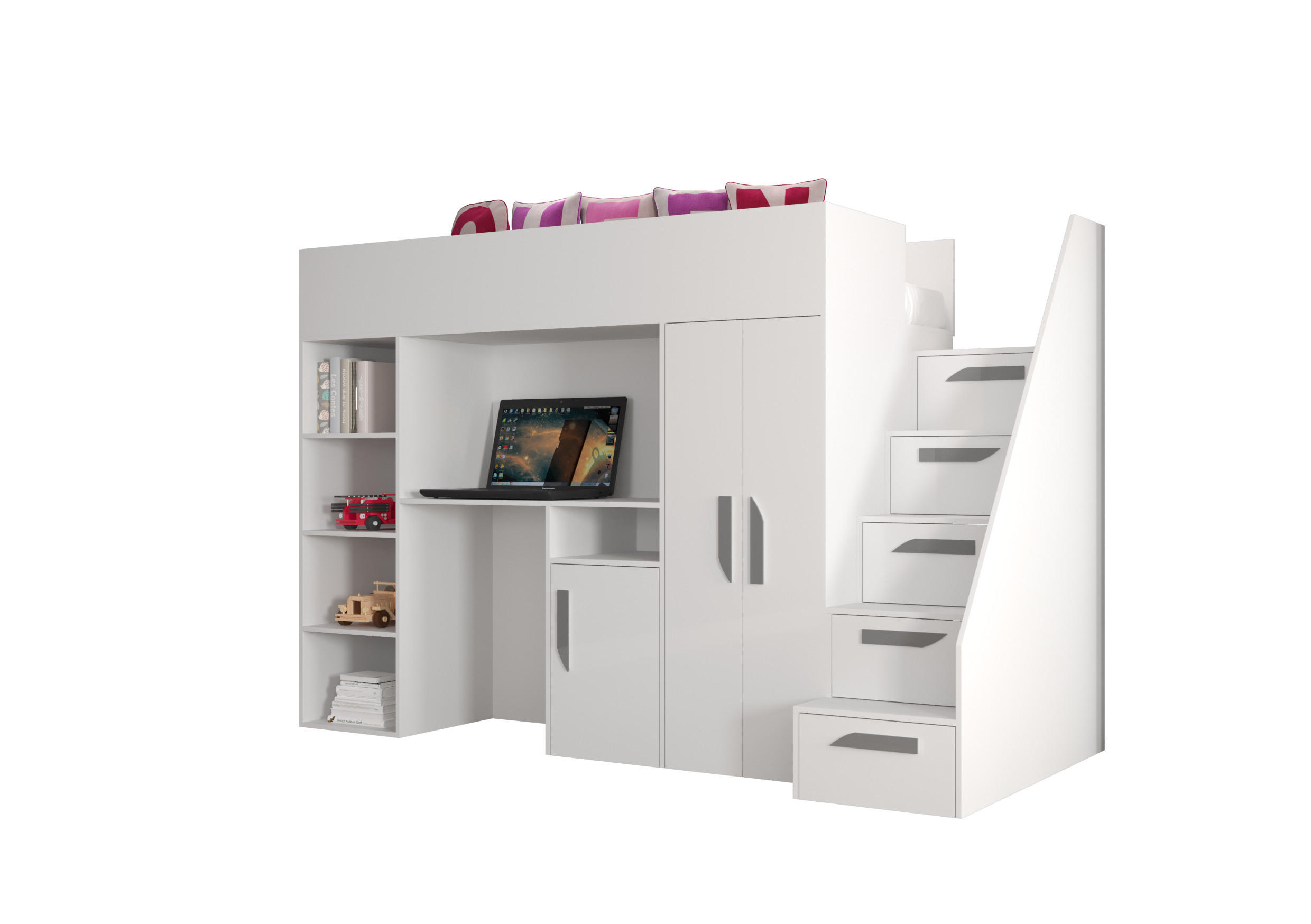 Abiks Möbel Hochbett Weiß, Weiß, Grau 90x200 cm