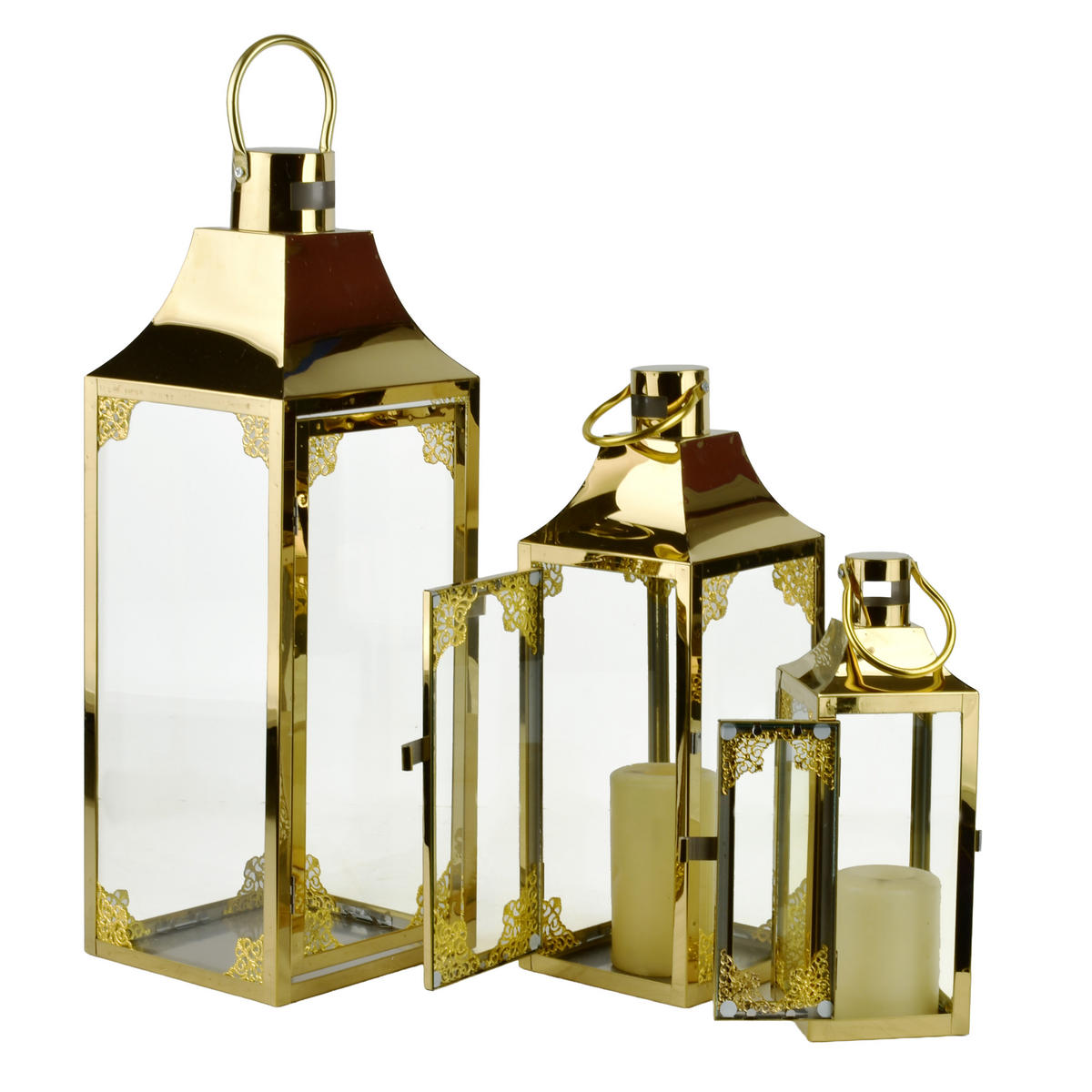 LATERNE Levi 3er Set Gold 18/18/53.5 cm Metall - Goldfarben, Metall (18/53.5/18cm) - Mondex