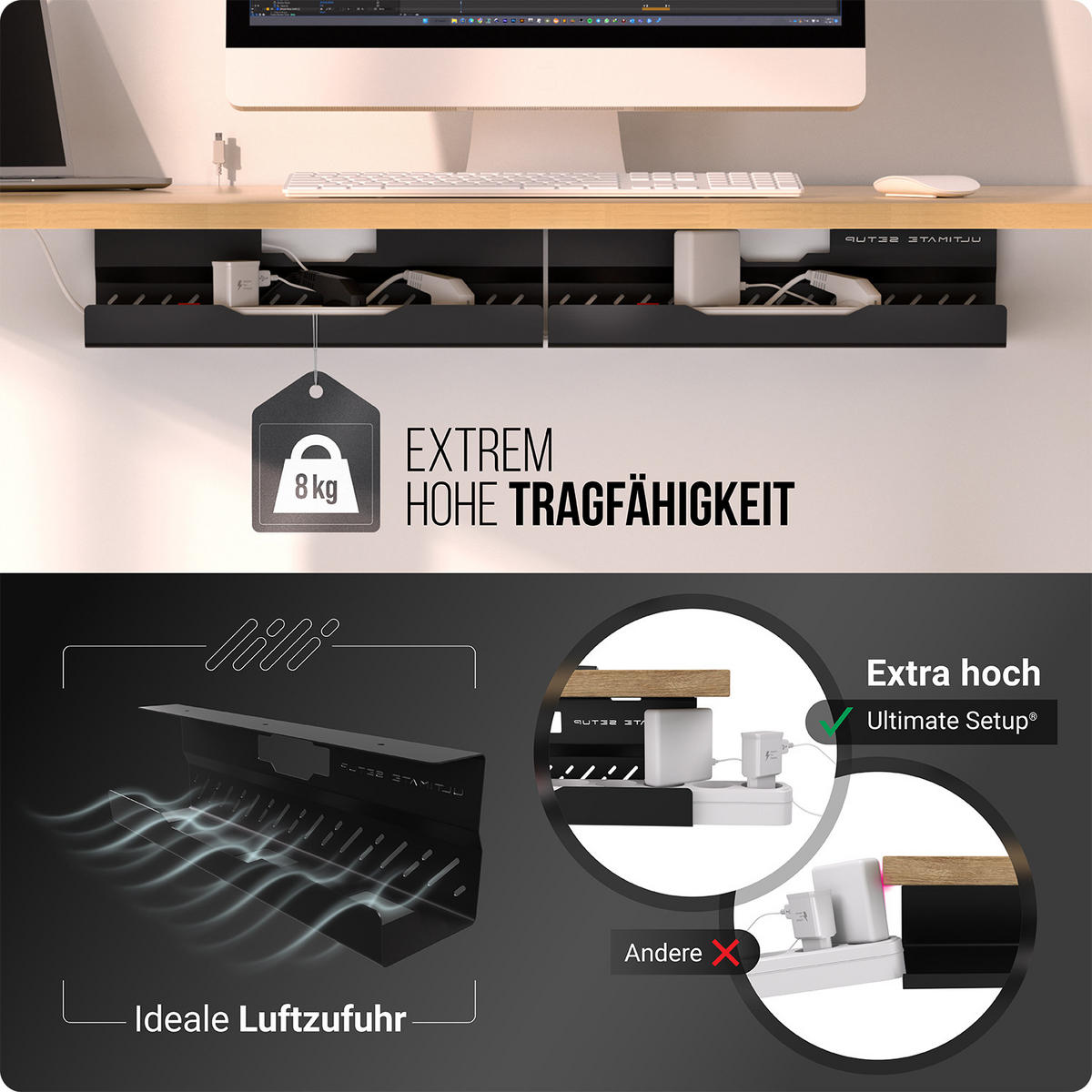 KABELKANAL Schreibtisch - Kabelmanagement Schreibtisch - Schwarz, 2er-Set - Schwarz, Metall (43/11/13cm) - Ultimate Setup