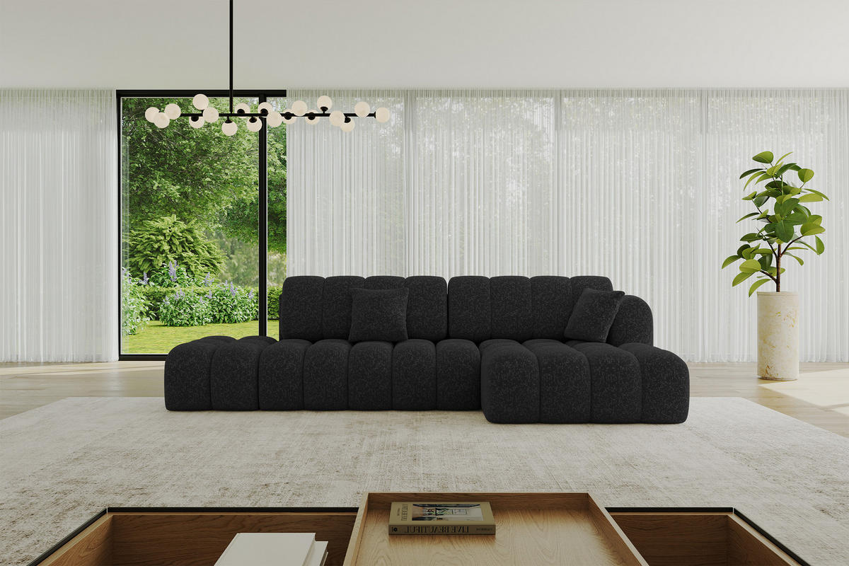 ECKSOFA mit Schlaffunktion Ottomane RECHTS OLEA-L2 321x164x75 Schwarz Tissu - Schwarz Hochglanz/Schwarz, Holzwerkstoff/Kunststoff (164/321cm) - ALTDECOR