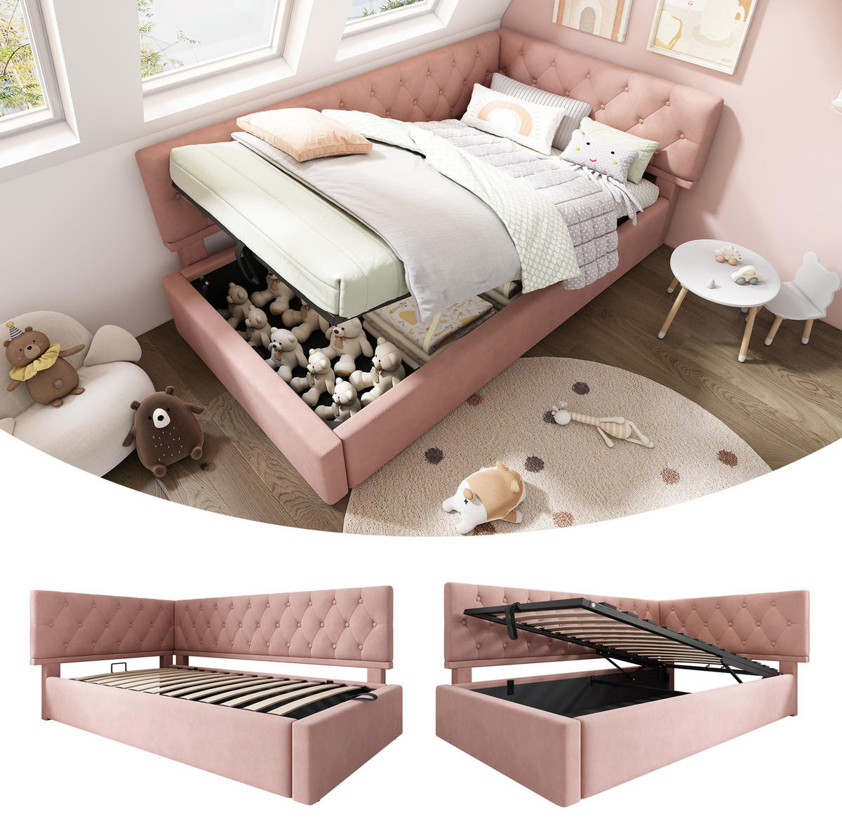 POLSTERBETT 90/190 cm Rosa aus Samt mit Bettkasten - Rosa, Textil (90/190cm) - OKMYHOME